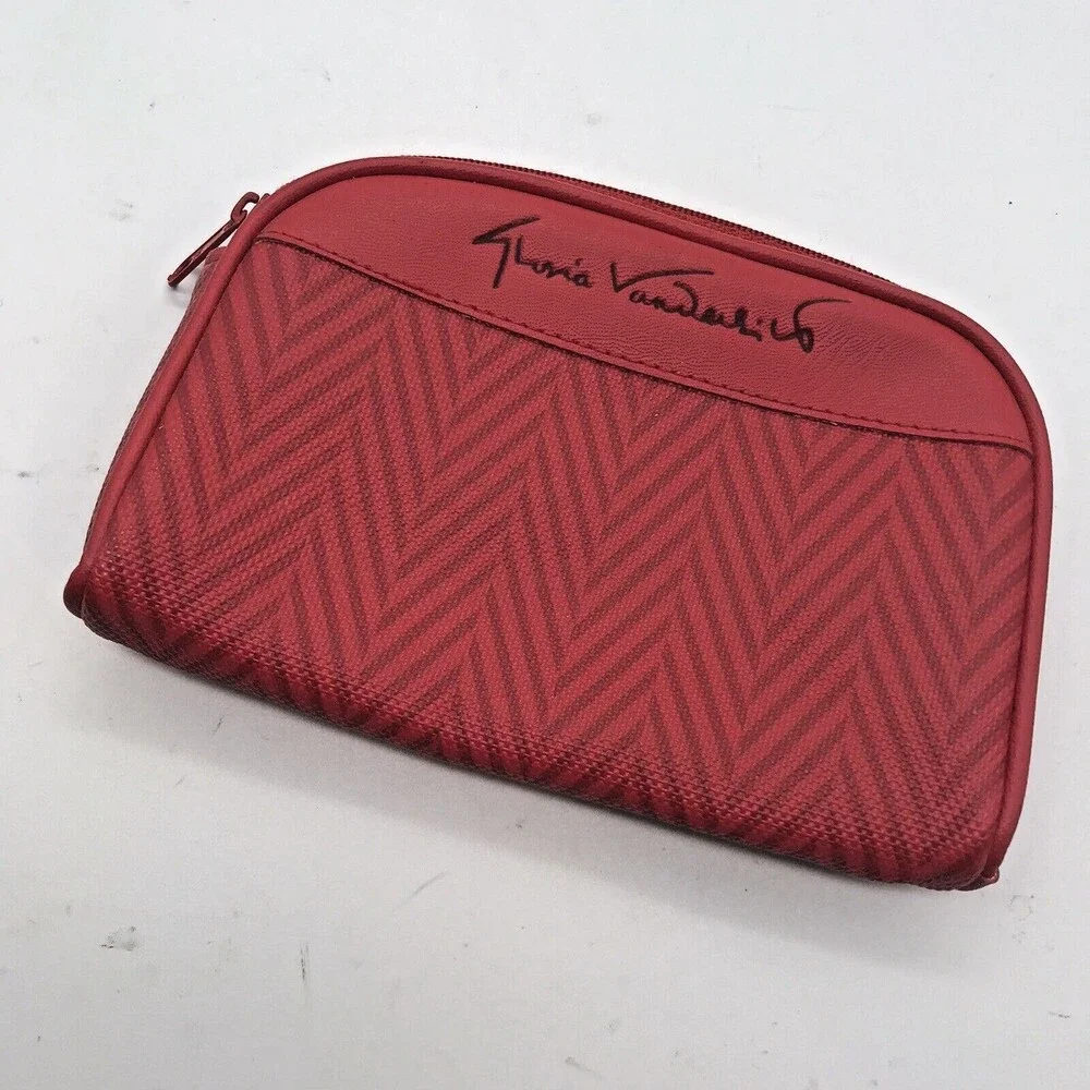 Vintage Gloria Vanderbilt Makeup Bag Red Herringbone 4x6 in. Cosmetic Pouch NEW